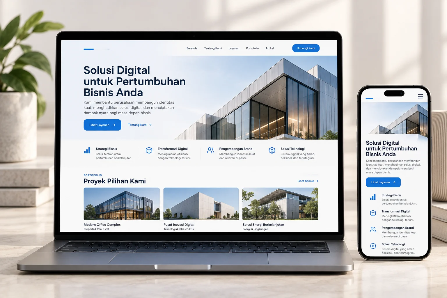 Mockup website company profile dan portofolio bisnis