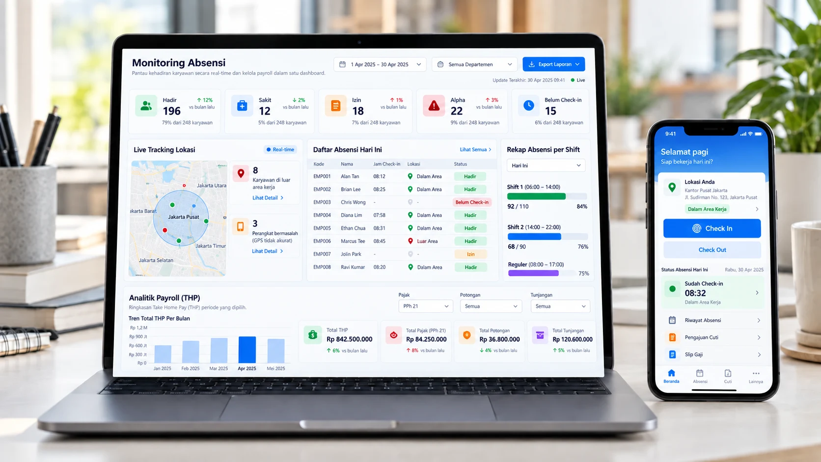 Dashboard monitoring absensi dan payroll HRIS di laptop, disertai aplikasi mobile karyawan