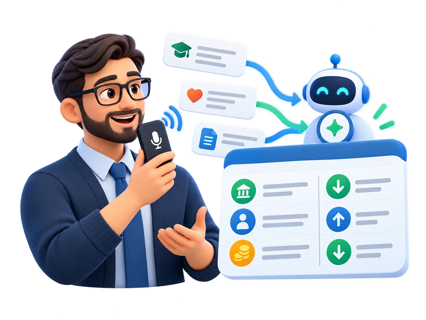 Ilustrasi asisten AI membuat jurnal otomatis dari deskripsi atau voice note