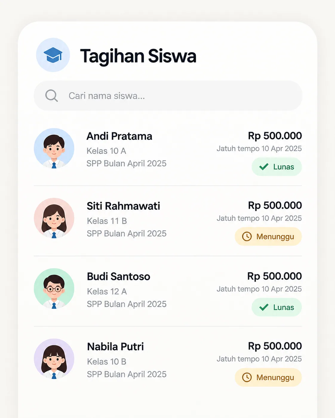 Daftar tagihan dan status pembayaran siswa