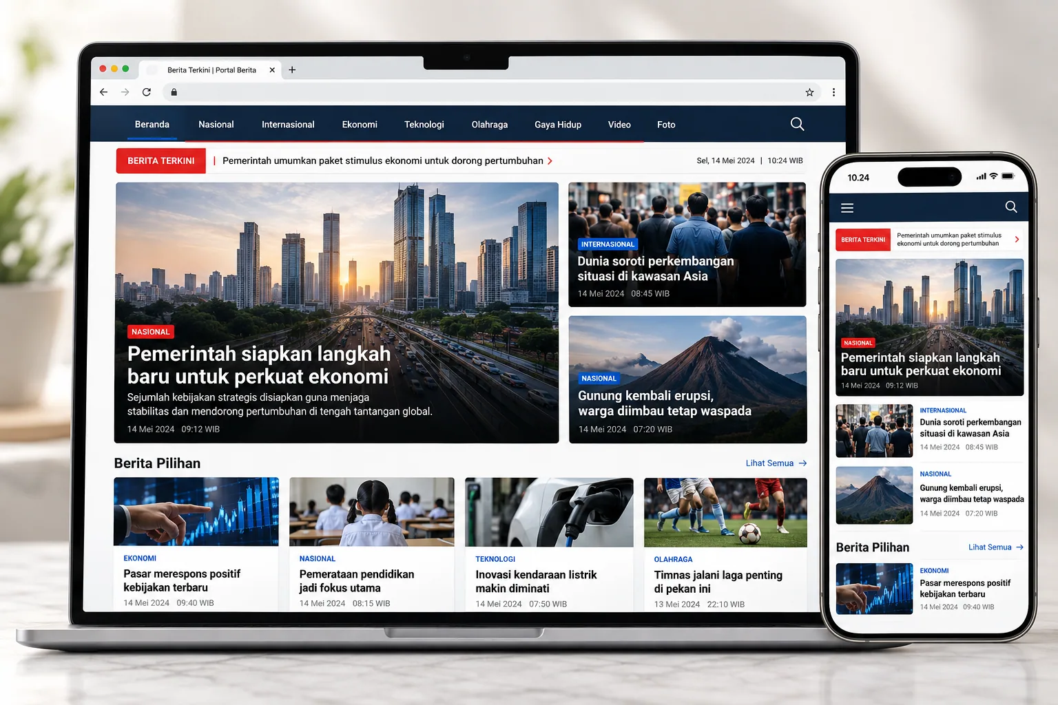 Tampilan antarmuka website portal berita modern MIVIM NEWS