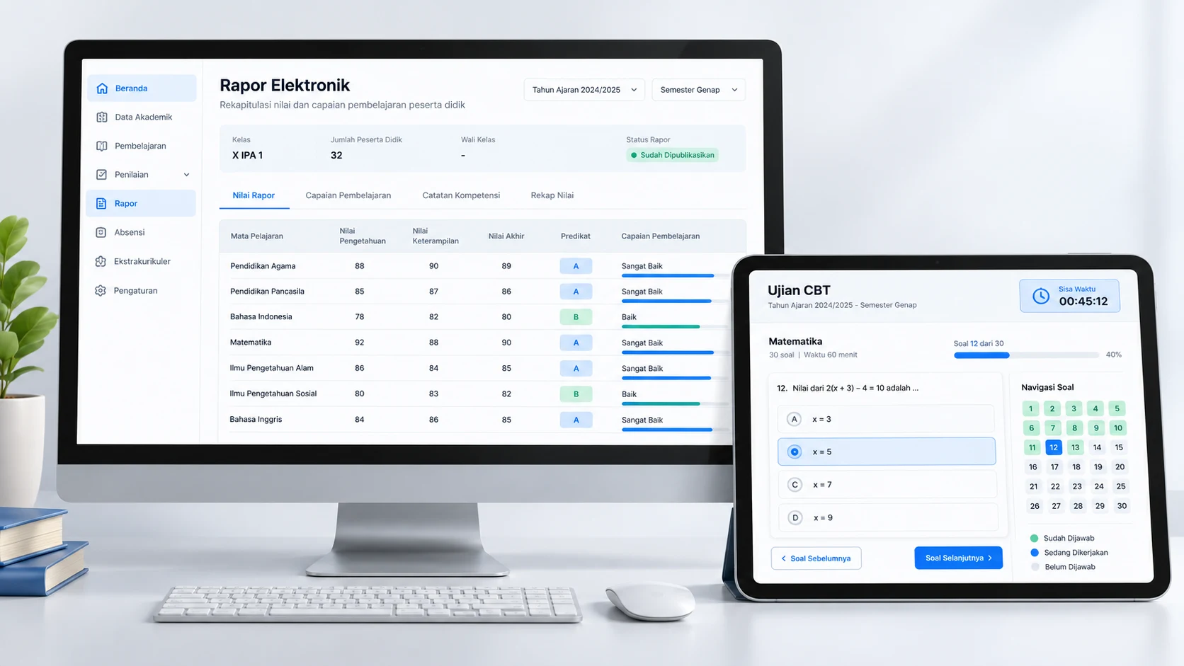 Mockup e-Rapor digital dan antarmuka ujian online CBT